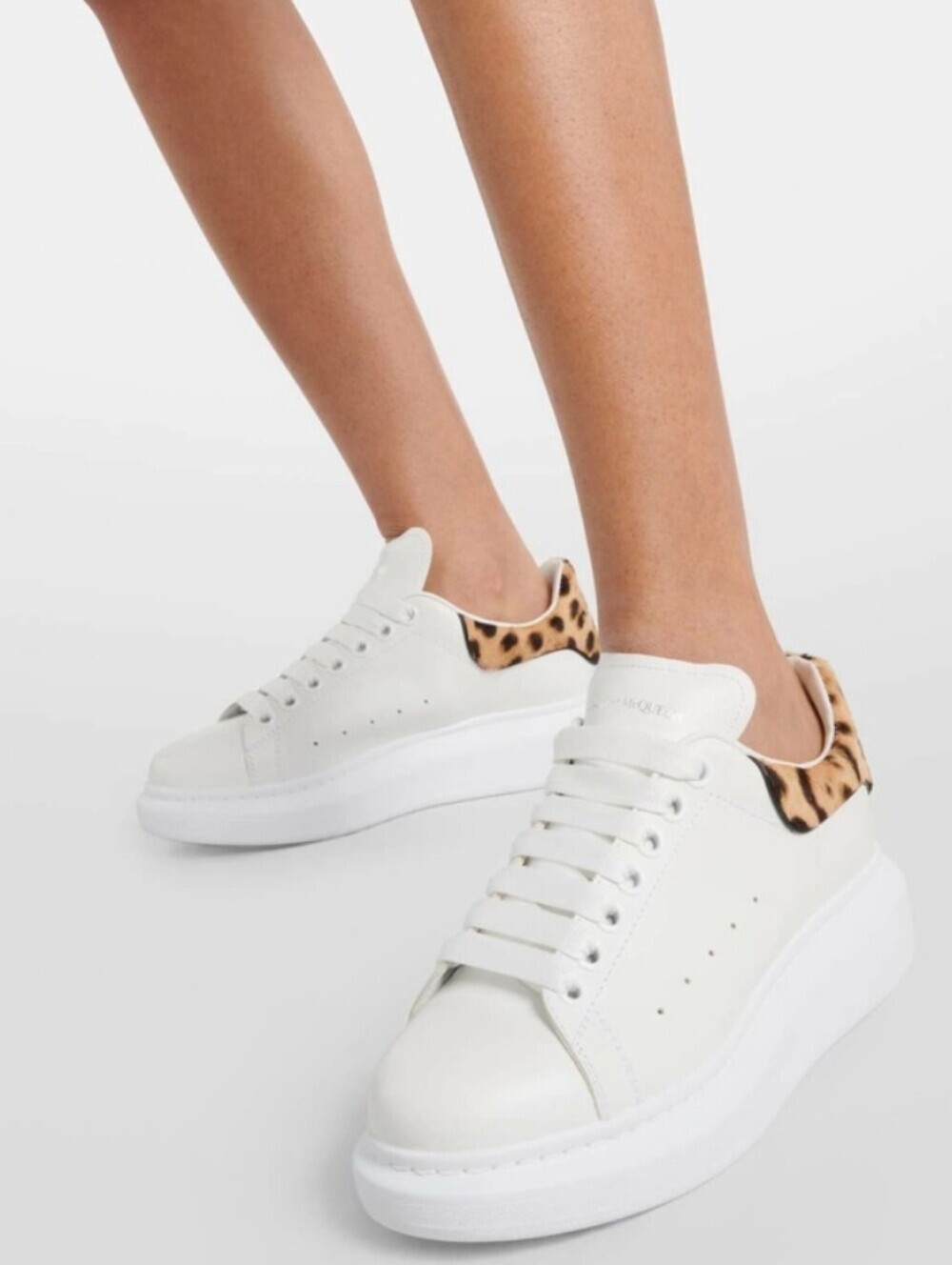 Alexander McQueen White Leather Sneakers with Leopard-Print Heel